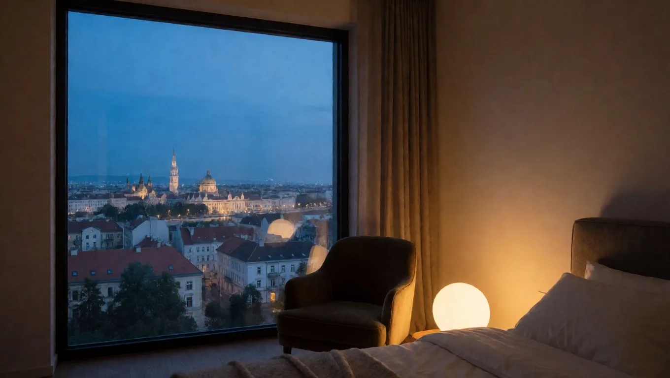 Budapesti íróasztal alkonyatkor, kék és meleg fény között