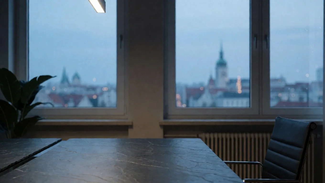 Munkaállomás alkonyati fényben, kő felületen