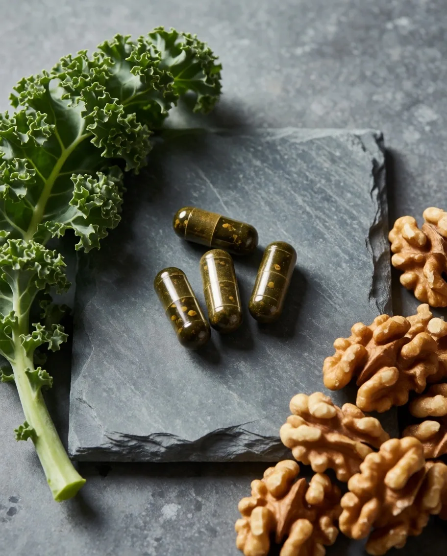 Táplálékkiegészítő kapszulák kő felületen, zöldlevelekkel és omega-3 forrásokkal